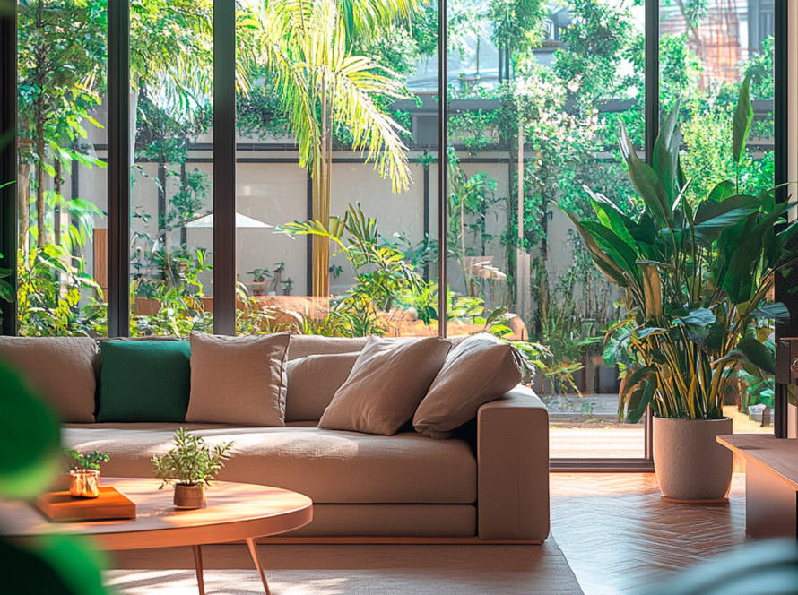 Salón moderno y acogedor de una vivienda en Talavera de la Reina, con tonos tostados y detalles en verde, iluminación natural y decoración minimalista, ideal para mostrar un hogar luminoso y elegante