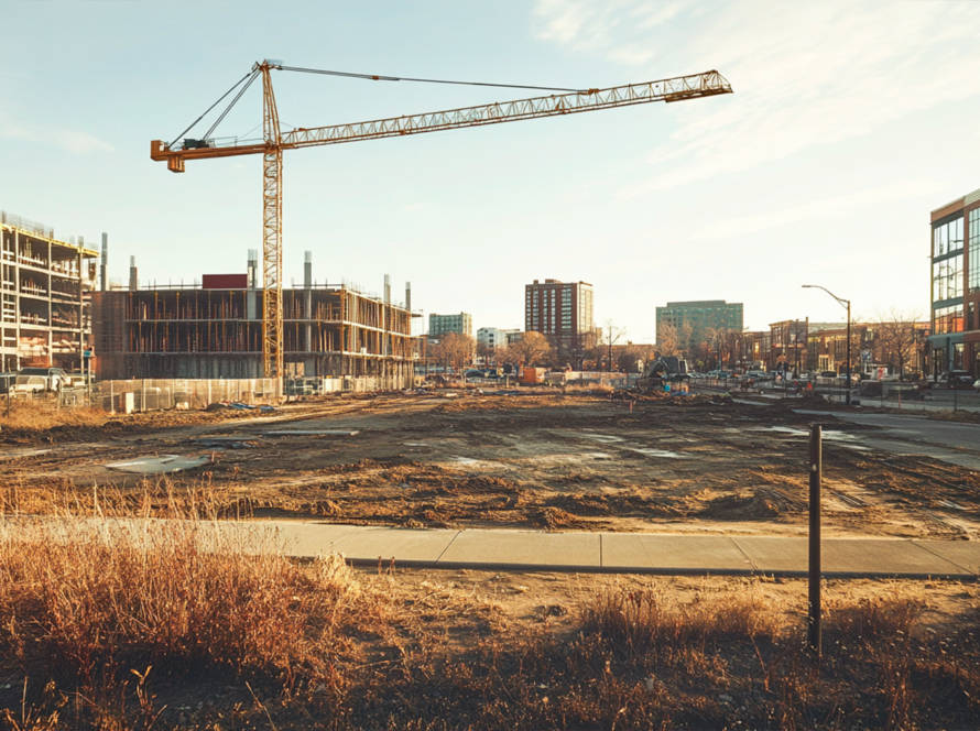 Grúa de construcción en un terreno urbano preparado para edificación, representando oportunidades de inversión inmobiliaria en Talavera de la Reina.
