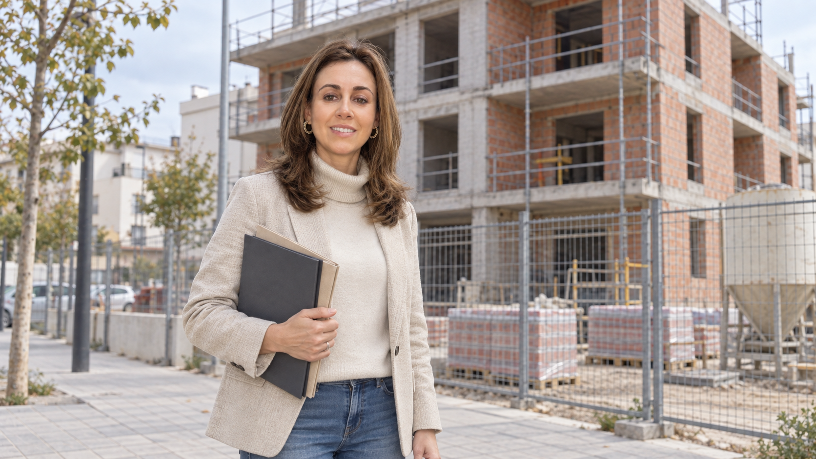 Profesional inmobiliaria frente a un edificio en construcción